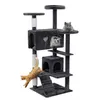 A multi-level cat tree with several platforms, perches, and enclosed spaces, featuring two cats interacting with the structure.