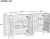 A line drawing of a white sideboard with dimensions indicated by lines and numbers. Anteprima dell’immagine prodotto