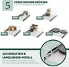 A collage of different sizes of kitchen pull-out drawers, with text describing their features and benefits. Produktbild-Vorschau