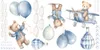 A collage of watercolor illustrations featuring teddy bears, balloons, a hot air balloon, an airplane, and clouds, likely for children's room decor. Anteprima dell’immagine prodotto