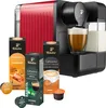A red Tchibo Cafissimo coffee machine with coffee pods and a glass of coffee. Produktbild-Vorschau