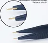 A close-up view of the tips of a pair of black tweezers with gold metal tips, with a magnified inset showing the tips in more detail. Text indicating discharge method and voltage is present. Produktbild-Vorschau