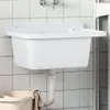 A white resin sink mounted on a tiled wall, with a bucket and cloth visible below. Produktbild-Vorschau