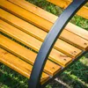 A close-up view of a wooden park bench with black metal armrests, set against a grassy background. Anteprima dell’immagine prodotto
