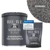 A dark gray can and a dark gray pouch are displayed, with a circular inset showing black gravel. A small blue and white certification badge is also visible. Produktbild-Vorschau