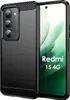 A black phone case is shown on the left, and a smartphone with a green background and the text "Redmi 15 4G" is shown on the right. Produktbild-Vorschau