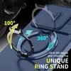 A close-up marketing image of a blue phone case with a rotating ring stand. Arrows indicate 100 and 360-degree rotation. Voir les images du produit