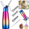 A collage of a whipped cream dispenser, its accessories, and examples of its use in desserts. Produktbild-Vorschau