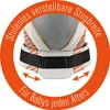 A close-up view of a baby carrier's adjustable crotch strap, with German text overlaid. Produktbild-Vorschau