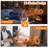 A split image showing two different scenarios of using a wood stove fan. The top shows a woman using a laptop near a wood stove with a fan, and the bottom shows a man using his phone near a wood stove with a fan. Produktbild-Vorschau