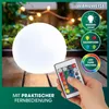 A person's hand holds a remote control in front of a glowing white sphere light on a wooden surface, with fairy lights and greenery in the background. Anteprima dell’immagine prodotto