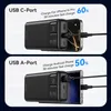 Two images showing a black power bank charging an iPhone and an Android phone, with text highlighting fast charging capabilities. Produktbild-Vorschau