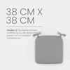 A grey seat cushion is shown with text describing its dimensions and features. Produktbild-Vorschau