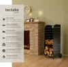 A log holder next to a fireplace, with descriptive text about the product's features. Náhled obrázku produktu