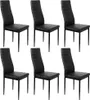 Six black dining chairs are arranged in two rows of three against a white background.