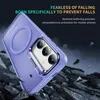 A purple phone case is shown falling amidst debris, with text highlighting its protective features. Produktbild-Vorschau