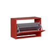 A red shoe cabinet with its doors open, revealing two gray shelves. Voir les images du produit