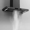 A black range hood mounted on a gray wall, with steam rising from beneath it. The range hood has a digital display and lights. Náhľad obrázku produktu
