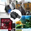 A collage of four images showing different applications of a small water pump, including computer cooling, a small fountain, and aquarium circulation, with a central inset image of the pump itself. Podgląd zdjęcia produktu