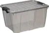 A clear, studio shot of a transparent gray storage box with black clasps. Produktbild-Vorschau