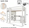A diagram showing the dimensions of a white loft bed with a desk and drawers. Podgląd zdjęcia produktu