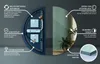 A split image showing the back and front of a semi-circular LED mirror, with feature callouts. Produktbild-Vorschau