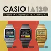 Three Casio A120 watches in different colors (silver, gunmetal, gold) are displayed against a colorful background. Podgląd zdjęcia produktu