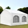 A white party tent set up on a grassy lawn with trees in the background. Produktbild-Vorschau