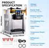 A product specification image for a commercial soft-serve ice cream machine, showing the machine itself and a list of its technical specifications. Voir les images du produit