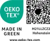 The image displays OEKO-TEX and Made in Green certifications, along with a QR code and certification details. Produktbild-Vorschau