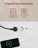 A diagram showing integrated power outlets and USB ports, followed by an image of a power strip with a plug and a phone charging. Produktbild-Vorschau