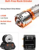 A collage of images showcasing a belt-free rock grinder, its motor, and a close-up of its rollers. Náhled obrázku produktu