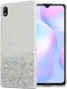 A smartphone case with glitter is shown next to a smartphone. Produktbild-Vorschau