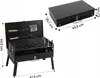 A black portable grill with its accessories and a closed case, with dimensions indicated by measurement lines. Voir les images du produit