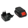 A black and red battery charger and battery pack are shown against a white background. Produktbild-Vorschau