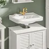A white bathroom vanity cabinet with a white sink and a gold faucet. Produktbild-Vorschau