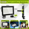 A collage of images showing a 100W LED floodlight with a motion sensor, its dimensions, and different mounting options (wall, ceiling, ground). Produktbild-Vorschau