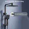 A black shower system mounted on a textured blue wall, with a close-up inset showing a drill bit and text. Produktbild-Vorschau