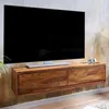 Lowboard Sheesham Massivholz 108x25x34cm Hängend TV-Schrank Braun in Gesamtansicht mit zwei Schubladen, von vorne. Anteprima dell’immagine prodotto