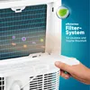 Close-up of an air conditioner filter system with illustrative particles and text overlay. Produktbild-Vorschau