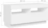 A white TV stand with dimensions marked. Produktbild-Vorschau