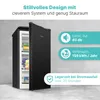 A black refrigerator with its door open, placed against a textured gray wall. To the right, there are three teal-colored informational graphics. Produktbild-Vorschau
