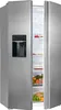 A silver side-by-side refrigerator with the right door open, showing food items inside. The left door has a water and ice dispenser. Podgląd zdjęcia produktu