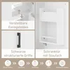 A collage of images showing different features of a white bathroom cabinet, including adjustable shelves, black handles, and an internal storage compartment. A row of icons at the bottom illustrates product use. Produktbild-Vorschau