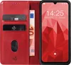 A red flip cover phone case with a phone inside, showing the screen and some cards and banknotes in the case. Produktbild-Vorschau