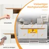 A marketing image showcasing a white sideboard with natural wood accents, highlighting its high-gloss finish and ease of cleaning, with overlaid text and checkmarks indicating features. Podgląd zdjęcia produktu
