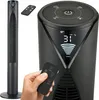 A close-up collage showing a black tower fan and its remote control, with a hand holding the remote. Podgląd zdjęcia produktu