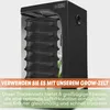 A black drying net with multiple shelves is hanging inside a black grow tent. Produktbild-Vorschau