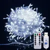 A coiled string of white LED lights with a USB connector and a remote control. Anteprima dell’immagine prodotto