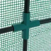 A close-up view of a green mesh greenhouse cover with black metal poles connected by a green plastic joint. Produktbild-Vorschau